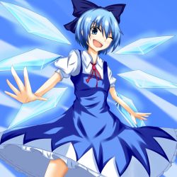 Rule 34 | 1girl, blue eyes, blue hair, bow, cirno, hair bow, ice, ice wings, matching hair/eyes, naba (take tonbo), open mouth, short hair, solo, touhou, wings, wink