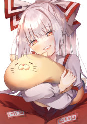 Rule 34 | 1girl, blush, bow, commission, feet out of frame, fujiwara no mokou, grin, hair bow, head tilt, holding, holding stuffed toy, indian style, long hair, pants, red eyes, red pants, shiromoru (yozakura rety), shirt, silver hair, simple background, sitting, skeb commission, smile, solo, stuffed toy, suspenders, touhou, white background, white bow, white shirt