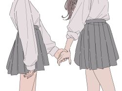 Rule 34 | 2girls, breasts, brown hair, collared shirt, commentary request, grey skirt, head out of frame, highres, holding hands, kamatama rom, long hair, long sleeves, multiple girls, original, pleated skirt, school uniform, shirt, shirt tucked in, simple background, skirt, sleeves past wrists, small breasts, white background, white shirt, yuri