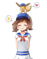 Rule 34 | 1girl, absurdres, arms behind back, baseball cap, blue headwear, blue sailor collar, blush, brown hair, closed eyes, closed mouth, commentary, creatures (company), eevee, elaine (pokemon), game freak, gen 1 pokemon, hat, heart, highres, mr.thunderigor, nintendo, on head, pokemon, pokemon (creature), pokemon lgpe, pokemon on head, sailor collar, short sleeves, simple background, smile, speech bubble, spoken heart, spoken star, star (symbol), symbol-only commentary, white background