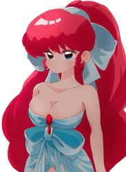Rule 34 | 1girl, absurdly long hair, blue eyes, breasts, cleavage, dress, earrings, eyelashes, high ponytail, jewelry, large breasts, long hair, looking at viewer, no bra, official alternate costume, ponytail, ranma-chan, ranma 1/2, red hair, sanamaru (sana79261827), simple background, solo, very long hair, wide hips