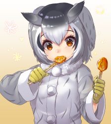 Rule 34 | 1girl, black hair, buttons, coat, food, fur collar, fur trim, gloves, grey hair, highres, kemono friends, long sleeves, multicolored hair, northern white-faced owl (kemono friends), orange eyes, short hair, solo, spoon, tadano magu, upper body, utensil in mouth, white coat, white hair, winter clothes, winter coat, yellow gloves