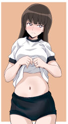 Rule 34 | 1girl, absurdres, black buruma, blunt bangs, blush, bright pupils, brown background, brown eyes, brown hair, buruma, closed mouth, clothes lift, commentary, cowboy shot, frown, girls und panzer, gym shirt, gym uniform, half-closed eyes, highres, jewelry, lifting own clothes, long hair, looking at viewer, mature female, nishizumi shiho, ponzu rui, ring, shirt, shirt lift, short sleeves, solo, standing, straight hair, t-shirt, wedding ring, white pupils, white shirt