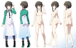 Rule 34 | 1girl, ankle boots, arm at side, ass, black footwear, black hair, black necktie, boots, breasts, collared dress, commentary request, completely nude, dress, first high school uniform, full body, green jacket, grey eyes, hand up, highres, jacket, kitayama shizuku, mahouka koukou no rettousei, multiple views, nanikairu, navel, necktie, no nipples, nude, school uniform, short hair with long locks, simple background, small breasts, taut clothes, taut dress, white dress
