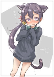 Rule 34 | 1girl, akebono (kancolle), animal ears, artist name, bell, black sweater, blue sailor collar, cat ears, cat tail, dated, feet out of frame, flower, flying sweatdrops, fyuo, grey hair, hair bell, hair flower, hair ornament, highres, jingle bell, kantai collection, long hair, open mouth, purple eyes, sailor collar, school uniform, serafuku, side ponytail, sleeves past fingers, sleeves past wrists, solo, standing, sweater, tail, two-tone background, very long hair, white background