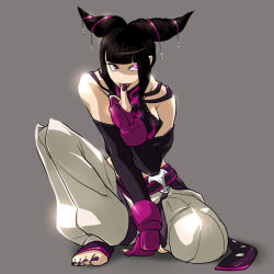 Rule 34 | 1girl, bad id, bad pixiv id, baggy pants, bare shoulders, barefoot, black hair, breasts, capcom, detached sleeves, drill hair, dudou, elbow gloves, feet, finger to mouth, fingerless gloves, gloves, glowing, glowing eye, grey background, hair ornament, halterneck, halterneck, han juri, medium breasts, midriff, nail polish, ojo (dfreak), on one knee, pants, purple eyes, purple nails, solo, street fighter, street fighter iv (series), toeless legwear, toes, tongue, tongue out, twin drills, twintails