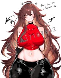 Rule 34 | 1girl, ^ ^, ahoge, artist name, bare shoulders, black pants, blush, breasts, brown hair, choker, closed eyes, cowboy shot, english text, friday night funkin&#039;, girlfriend (friday night funkin&#039;), highres, large breasts, leggings, long hair, messy hair, midriff, navel, open mouth, pants, red shirt, shirt, simple background, smile, solo, teeth, thick thighs, thighs, usa37107692, very long hair, white background, wide hips