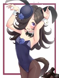 Rule 34 | 1girl, absurdres, animal ears, black bow, black bowtie, black hair, blue flower, blue leotard, blue rose, bow, bowtie, breasts, commentary request, detached collar, flower, flying sweatdrops, hair over one eye, hat, hat flower, highres, horse girl, horse tail, leotard, long hair, pantyhose, playboy bunny, purple eyes, rabbit ears, rabbit pose, rice shower (umamusume), rose, small breasts, solo, strapless, strapless leotard, tail, tilted headwear, tussy, umamusume, wrist cuffs