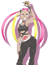 Rule 34 | 1girl, bare arms, black pants, blonde hair, breasts, character name, constricted pupils, creatures (company), crop top, eyeshadow, game freak, grin, gyaru, hair ornament, heart, highres, holding, holding poke ball, jewelry, kogal, long hair, makeup, medium breasts, mibuchi, multicolored hair, navel, necklace, nintendo, outline, pants, pink hair, plumeria (pokemon), poke ball, pokemon, pokemon sm, sharp teeth, silhouette, simple background, skull hair ornament, smile, solo, tank top, tattoo, teeth, twintails, two-tone hair, ultra ball, uneven eyes, very long hair, white background, wristband