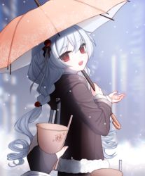 Rule 34 | 1girl, 1other, :d, absurdres, braid, brown gloves, brown jacket, captain (honkai impact), cup, disposable cup, drinking straw, fingerless gloves, flower, gloves, hair flower, hair ornament, highres, holding, holding cup, holding umbrella, honkai (series), honkai impact 3rd, jacket, long hair, long sleeves, looking at viewer, open mouth, outdoors, qaliw, red eyes, red flower, red rose, rose, smile, snowing, theresa apocalypse, theresa apocalypse (luna kindred), twin braids, umbrella, white hair, winter clothes