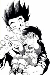 Rule 34 | black eyes, black hair, blush, carrying, carrying person, dragon ball, father and daughter, glasses, happy, manga style, monochrome, official art, pan (dragon ball), smile, son gohan, tagme