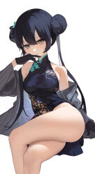 Rule 34 | 1girl, absurdres, bare legs, bare shoulders, black dress, black gloves, black hair, blue archive, blush, breasts, butterfly hair ornament, china dress, chinese clothes, crossed legs, double bun, dragon print, dress, gloves, grey eyes, hair bun, hair ornament, halo, highres, kisaki (blue archive), long hair, looking at viewer, medium breasts, no panties, pelvic curtain, pinstripe jacket, pinstripe pattern, print dress, shenqi de (9), side slit, simple background, sitting, sleeveless, sleeveless dress, solo, striped, thighs, twintails, white background
