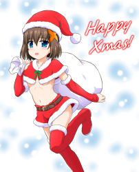 Rule 34 | 1girl, alternate costume, belt, black belt, blue eyes, blush, boots, breasts, brown hair, capelet, christmas, commentary request, detached sleeves, english text, enma702, fur-trimmed capelet, fur-trimmed footwear, fur-trimmed shorts, fur-trimmed sleeves, fur trim, hair ornament, holding, holding sack, leg up, looking at viewer, lyrical nanoha, mahou shoujo lyrical nanoha, mahou shoujo lyrical nanoha a&#039;s, navel, open mouth, over shoulder, red footwear, red shorts, red sleeves, sack, santa costume, short shorts, shorts, small breasts, smile, solo, standing, standing on one leg, thigh boots, thighhighs, underboob, x hair ornament, yagami hayate