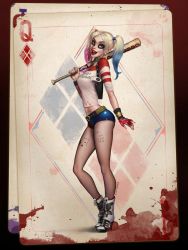 Rule 34 | 1girl, baseball bat, batman (series), blonde hair, blue eyes, blue hair, boots, breasts, card, colored tips, dc comics, fishnet pantyhose, fishnets, full body, gun, harley quinn, high heel boots, high heels, lipstick, makeup, matching hair/eyes, multicolored hair, pantyhose, pink hair, short shorts, shorts, smile, solo, suicide squad, twintails, weapon