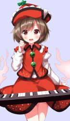 Rule 34 | 1girl, blush, brown eyes, brown hair, cowboy shot, grey background, hat, hat ornament, highres, instrument, juliet sleeves, keyboard (instrument), long sleeves, looking at viewer, lyrica prismriver, open mouth, puffy sleeves, red hat, red skirt, red vest, ruu (tksymkw), shirt, short hair, simple background, skirt, smile, solo, star (symbol), star hat ornament, touhou, vest, white shirt