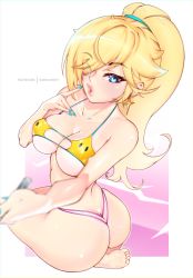 Rule 34 | 1girl, ass, bare shoulders, barefoot, bikini, blonde hair, blue eyes, border, breasts, butt crack, cleavage, collarbone, darkmoney, earrings, eyes visible through hair, feet, from behind, gradient background, highres, jewelry, kneeling, large breasts, lips, long hair, looking at viewer, mario (series), mismatched bikini, nail polish, nintendo, parted lips, pink background, ponytail, rosalina, selfie, shiny skin, simple background, soles, solo, star-shaped bikini, star (symbol), star earrings, super mario galaxy, swimsuit, toes, underboob, white border