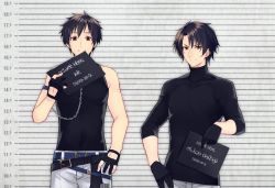 Rule 34 | 2boys, bare shoulders, belt, black gloves, black hair, black shirt, blue belt, chain, closed mouth, commentary request, covered collarbone, covered navel, cutout gloves, gloves, hand on own hip, height difference, hira (daphne), holding, long sleeves, looking at viewer, male focus, mole, mole under eye, multiple boys, original, pants, red eyes, shirt, shirt tucked in, short hair, sleeveless, sleeveless shirt, smile, upper body, white pants
