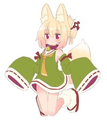 Rule 34 | 1girl, animal ears, bare shoulders, bell, blonde hair, closed mouth, collar, commentary, dress, folded ponytail, fox ears, fox girl, fox tail, full body, gluteal fold, green dress, green sleeves, hair between eyes, hair ornament, highres, jingle bell, kemomimi-chan (naga u), long sleeves, looking at viewer, naga u, neck bell, necktie, orange necktie, original, purple collar, purple eyes, red footwear, revision, ribbon-trimmed sleeves, ribbon trim, sailor collar, sandals, sidelocks, simple background, sleeveless, sleeveless dress, sleeves past fingers, sleeves past wrists, socks, solo, tabi, tail, white background, white sailor collar, white socks, zouri