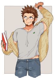 Rule 34 | 1boy, alternate costume, bad id, bad twitter id, beard, blue eyes, book, brown hair, cigarette, clothes lift, coat, denim, facial hair, fate/grand order, fate (series), glasses, jeans, long sideburns, long sleeves, looking to the side, male focus, napoleon bonaparte (fate), pants, pectorals, shirt lift, shitappa, sideburns, solo, undressing, watch