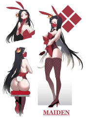 1girl absurdres animal_ears ass black_hair breasts character_name cleavage corset cropped_torso crown detached_collar fake_animal_ears from_behind from_side gloves goddess_of_victory:_nikke highres large_breasts leotard long_hair looking_at_viewer looking_back maiden_(nikke) mask mouth_mask multiple_views playboy_bunny rabbit_ears rabbit_tail red_eyes red_footwear red_gloves red_leotard relentless shoes simple_background strapless strapless_leotard tail thighhighs white_background