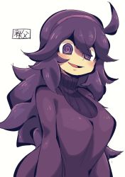 1girl :d @_@ alternate_breast_size blush breasts chichibu_(watson) creatures_(company) dress female_focus game_freak hairband hex_maniac_(pokemon) large_breasts long_hair long_sleeves looking_at_viewer nintendo npc_trainer open_mouth pokemon pokemon_xy purple_eyes purple_hair simple_background smile solo turtleneck very_long_hair white_background