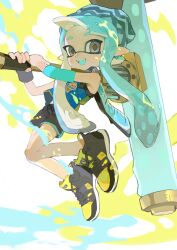 Rule 34 | 1girl, :d, aqua hair, aqua hat, aqua tongue, bare shoulders, beanie, black footwear, black shorts, black wristband, blue hat, blue shirt, blush, colored tongue, commentary request, dynamo roller (splatoon), fangs, full body, grey eyes, hands up, hat, highres, holding, holding paint roller, inkling, inkling girl, inkling player character, jersey, long hair, looking at viewer, nintendo, open mouth, p-pepper, paint roller, paint splatter, pointy ears, shirt, shoes, short eyebrows, short shorts, shorts, simple background, sleeveless, sleeveless shirt, smile, sneakers, solo, splatoon (series), splatoon 3, teeth, tentacle hair, two-tone headwear, white background, wristband