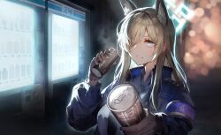 Rule 34 | 1girl, animal ear fluff, animal ears, armband, black nails, blonde hair, blue archive, blue armband, blue eyes, blue halo, blue jacket, blue shirt, blurry, breasts, brown gloves, can, collared shirt, commentary, depth of field, gloves, greypidjun, hair over one eye, halo, hand up, highres, jacket, kanna (blue archive), large breasts, long hair, long sleeves, looking at viewer, night, one eye covered, open clothes, open jacket, open mouth, reaching, reaching towards viewer, sharp teeth, shirt, sidelocks, solo, teeth, upper body, vending machine