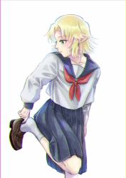 Rule 34 | 1girl, adjusting footwear, alternate costume, black skirt, blonde hair, brown footwear, closed mouth, commentary request, cookie (touhou), foot out of frame, green eyes, highres, joker (cookie), long skirt, long sleeves, looking to the side, mizuhashi parsee, odennoden, parted bangs, pointy ears, school uniform, serafuku, shirt, shoes, short hair, simple background, skirt, socks, solo, touhou, white background, white shirt, white socks