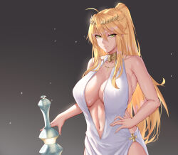 Rule 34 | 1girl, absurdres, ahoge, alternate costume, ancient greek clothes, armpit crease, artoria pendragon (fate), artoria pendragon (lancer) (fate), bare shoulders, blonde hair, bottomless, braid, braided ponytail, breasts, center opening, cleavage, collarbone, commentary, cowboy shot, crown, dark background, deep cleavage, dress, english commentary, eyebrows hidden by hair, fate/grand order, fate (series), female focus, freed turing, french braid, gradient background, greco-roman clothes, green eyes, grey background, hair between eyes, halter dress, halterneck, hand on own hip, hand on weapon, high ponytail, highres, huge breasts, jewelry, linea alba, long hair, looking at viewer, navel, necklace, official alternate costume, plunging neckline, polearm, rhongomyniad (fate), sideboob, simple background, light smile, smile, solo, spear, toned stomach, very long hair, weapon, white dress