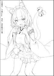 Rule 34 | 1girl, :d, animal ear fluff, animal ears, apron, bell, blush, breasts, cat ears, cat girl, cat tail, copyright request, feet out of frame, greyscale, hakama, hakama short skirt, hakama skirt, hands up, haneru, heart, heart hands, highres, japanese clothes, jingle bell, kimono, long sleeves, looking at viewer, maid headdress, medium breasts, monochrome, open mouth, ribbon-trimmed apron, ribbon trim, short eyebrows, simple background, skirt, smile, solo, standing, tail, tail bell, tail ornament, thick eyebrows, translation request, white background, wide sleeves