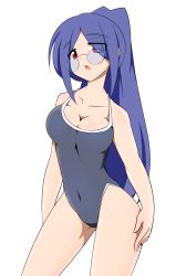 Rule 34 | 1girl, bad id, bad pixiv id, blue hair, breasts, cleavage, glasses, highleg, highleg swimsuit, highres, kaz (shade), large breasts, long hair, miyazono hiroe, one-piece swimsuit, original, ponytail, red eyes, school swimsuit, simple background, solo, swimsuit