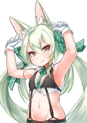 Rule 34 | 1girl, :q, animal ear fluff, animal ears, armpits, arms up, art556 (girls&#039; frontline), bare shoulders, blue outline, blush, bow, brown eyes, closed mouth, collarbone, commentary request, crop top, girls&#039; frontline, gloves, green bow, green hair, green ribbon, groin, hair between eyes, hair bow, head tilt, highres, kirisame mia, long hair, looking at viewer, midriff, navel, neck ribbon, outline, ribbon, smile, solo, tongue, tongue out, very long hair, white background, white gloves