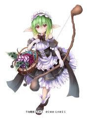 Rule 34 | 1girl, basket, black footwear, bow (weapon), elbow gloves, gloves, green hair, holding, holding basket, maid, official art, pointy ears, red eyes, sennen sensou aigis, shoes, solo, standing, standing on one leg, taicho128, watermark, weapon, white gloves