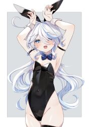 Rule 34 | 1girl, :d, animal ears, arm strap, armpits, arms up, black leotard, black thighhighs, blue bow, blue bowtie, blue eyes, blue hair, blush, border, bow, bowtie, breasts, cameltoe, cowboy shot, detached collar, fake animal ears, furina (genshin impact), genshin impact, grey background, heterochromia, highleg, highleg leotard, highres, legs together, leotard, long hair, looking at viewer, low twintails, multicolored hair, open mouth, outside border, playboy bunny, rabbit ears, rabbit pose, sidelocks, simple background, small breasts, smile, solo, strapless, strapless leotard, streaked hair, t rinne illust, thigh gap, thighhighs, thighs, traditional bowtie, twintails, white border, white hair