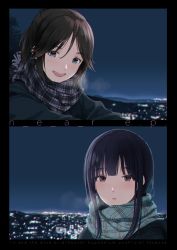 Rule 34 | 2girls, black hair, blue eyes, blue hair, blue jacket, blue scarf, blush, city lights, cityscape, cover, cover page, expressionless, green scarf, hasisisissy, hibike! euphonium, highres, jacket, kasaki nozomi, liz to aoi tori, long hair, long sleeves, looking at another, multiple girls, night, open mouth, outdoors, parted lips, plaid, plaid scarf, ponytail, red eyes, scarf, sitting, sky, smile, yoroizuka mizore