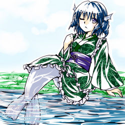 Rule 34 | 1girl, blue hair, double dealing character, fins, head fins, japanese clothes, md5 mismatch, mermaid, monster girl, shinkai no shachi, solo, touhou, wakasagihime, water