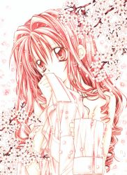 Rule 34 | 00s, 1girl, alternate hair color, cherry blossoms, clothes grab, clothes in front, covering face, covering own mouth, covering privates, female focus, full moon wo sagashite, highres, holding, kouyama mitsuki, nude, nude cover, official art, petals, pink eyes, pink hair, pink theme, plant, shirt, solo, tanemura arina, traditional media, white background, white shirt