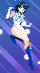 Rule 34 | 1990s (style), 1girl, 2022, :d, absurdres, back bow, bishoujo senshi sailor moon, blue background, blue bow, blue choker, blue eyes, blue footwear, blue hair, blue sailor collar, blue theme, boots, bow, brooch, choker, circlet, danmakuman, earrings, elbow gloves, gloves, heart, heart brooch, highres, itou ikuko (style), jewelry, knee boots, leotard, looking at viewer, magical girl, mizuno ami, official style, open mouth, retro artstyle, sailor collar, sailor mercury, sailor senshi uniform, shiny skin, short hair, signature, smile, solo, star (symbol), star choker, super sailor mercury, thighs, white gloves, white leotard