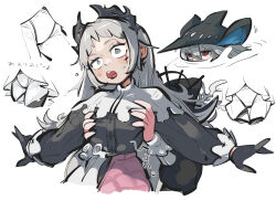 Rule 34 | 3girls, arknights, black dress, black gloves, black headwear, blush, grabbing another&#039;s breast, capelet, collage, coral, cropped torso, dress, earrings, gloves, grabbing, grabbing from behind, grey eyes, grey hair, hair between eyes, hat, head tilt, headgear, highres, irene (arknights), jewelry, long hair, multiple girls, open mouth, partially colored, puffy sleeves, red eyes, scar, scar across eye, short bangs, skadi (arknights), sleeve cuffs, specter (arknights), specter the unchained (arknights), surprised, sweat, swimming, tirarizun, white background, white capelet, white hair, wide-eyed, yuri