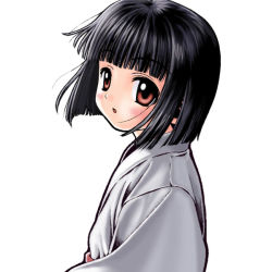 Rule 34 | 00s, 1girl, :o, black hair, blunt bangs, blush, bob cut, child, embarrassed, flat chest, japanese clothes, kamichu!, kigaru, kimono, looking at viewer, looking back, miko, nekopuchi, profile, red eyes, saegusa miko, short hair, simple background, solo, surprised, upper body