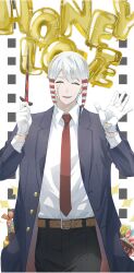 Rule 34 | 1boy, balloon, belt, black pants, candy, closed eyes, facial mark, facing viewer, food, formal, gloves, hair ornament, highres, holding, holding knife, kaldo gehenna, knife, letter balloon, lollipop, male focus, mashle, megane ox4, necktie, pants, red necktie, short hair with long locks, solo, standing, suit, white gloves