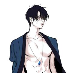 Rule 34 | 1boy, abs, akatsuki no yona, bad id, bad twitter id, black hair, blue eyes, blue robe, clothes on shoulders, commentary request, hair over one eye, hak (akatsuki no yona), jewelry, korean clothes, korean commentary, looking at viewer, male focus, open clothes, open robe, parted lips, pendant, robe, short hair, simple background, solo, upper body, white background, yona hyeon