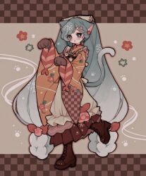 Rule 34 | 1girl, animal ears, animal hands, apron, bell, blue eyes, blush, boots, bow, cat ears, cat girl, cat tail, choker, commentary request, cross-laced footwear, food-themed clothes, fork hair ornament, frilled kimono, frills, full body, gloves, hair bow, hair ornament, hairclip, hatsune miku, highres, japanese clothes, kimono, lace-up boots, long hair, long sleeves, looking at viewer, maid, neck bell, open mouth, paw-shaped pupils, paw gloves, shiro (a923808254), solo, standing, standing on one leg, symbol-shaped pupils, tail, twintails, very long hair, vocaloid, wa maid, wide sleeves, yuki miku, yuki miku (2024)