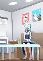 Rule 34 | 1girl, blue archive, blue hair, bottle, cherino (blue archive), couch, dress, fake facial hair, fake mustache, hair ribbon, hatsune miku, highres, long hair, looking up, mirror, multicolored clothes, multicolored dress, on couch, open mouth, peroro (blue archive), poster (object), ribbon, sitting, sleeveless, sleeveless dress, solo, table, translation request, vocaloid, water bottle, white footwear, yukko (hcryh955)
