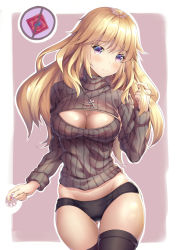 Rule 34 | 1girl, alternate costume, alternate hairstyle, bad id, bad pixiv id, black panties, black sweater, black thighhighs, breasts, cleavage, cleavage cutout, closed mouth, clothing cutout, condom, condom wrapper, cowboy shot, cross, cross necklace, fate/apocrypha, fate (series), gluteal fold, holding, jeanne d&#039;arc (fate), jeanne d&#039;arc (ruler) (fate), jewelry, long hair, long sleeves, looking at viewer, medium breasts, meme attire, necklace, outline, panties, pendant, purple background, simple background, smile, solo, standing, sweater, tareme, thigh gap, thighhighs, turtleneck, turtleneck sweater, underwear, white outline, xi zhujia de rbq