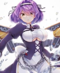 Rule 34 | 1girl, apron, azur lane, black gloves, breasts, broken, broken chain, chain, cleavage, clothing cutout, dress, feather boa, gloucester (azur lane), gloves, hair between eyes, hair over one eye, hairband, lace-trimmed hairband, lace trim, large breasts, long sleeves, looking at viewer, maid, open mouth, puffy sleeves, purple hair, satsuki meguru, short hair, shrug (clothing), simple background, underboob cutout, yellow eyes