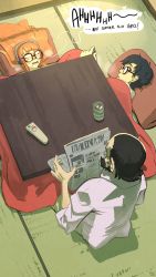 Rule 34 | 10s, 1girl, 2boys, amamiya ren, black hair, breath, brown hair, commentary, controller, cup, drooling, english text, father and daughter, glasses, handheld game console, highres, implied sex, kenno arkkan, kotatsu, lying, multiple boys, newspaper, nintendo switch, open mouth, persona, persona 5, pillow, remote control, sakura futaba, sakura soujirou, saliva, speech bubble, table, under table