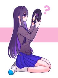 Rule 34 | 1girl, ?, blue skirt, character plush, doki doki literature club, hair ornament, hairclip, holding, holding stuffed toy, jacket, long hair, long sleeves, looking away, midair (rkgkefr), outline, pleated skirt, stuffed toy, profile, purple eyes, purple hair, school uniform, seiza, shoes, simple background, sitting, skirt, socks, solo, sweatdrop, very long hair, white outline, white socks, yuri (doki doki literature club)