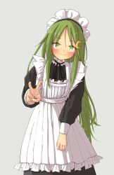 Rule 34 | 1girl, alternate costume, apron, black dress, crescent, crescent hair ornament, dress, enmaided, frilled apron, frills, green eyes, green hair, hair ornament, highres, kantai collection, leaning forward, looking at viewer, maid, maid headdress, nagatsuki (kancolle), po0000000000, simple background, smile, solo, v, white apron, white background
