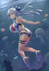 Rule 34 | 1girl, absurdres, ass, ball, beachball, blue bow, blue one-piece swimsuit, bow, breasts, commentary request, competition swimsuit, fate/grand order, fate (series), fish, hair bow, highres, jellyfish, long hair, looking at viewer, looking back, medium breasts, multicolored clothes, multicolored swimsuit, one-piece swimsuit, red eyes, sandals, satsuki (swkerc), silver hair, smile, solo, swimsuit, thigh strap, tomoe gozen (fate), tomoe gozen (swimsuit saber) (fate), tomoe gozen (swimsuit saber) (first ascension) (fate), underwater, white one-piece swimsuit